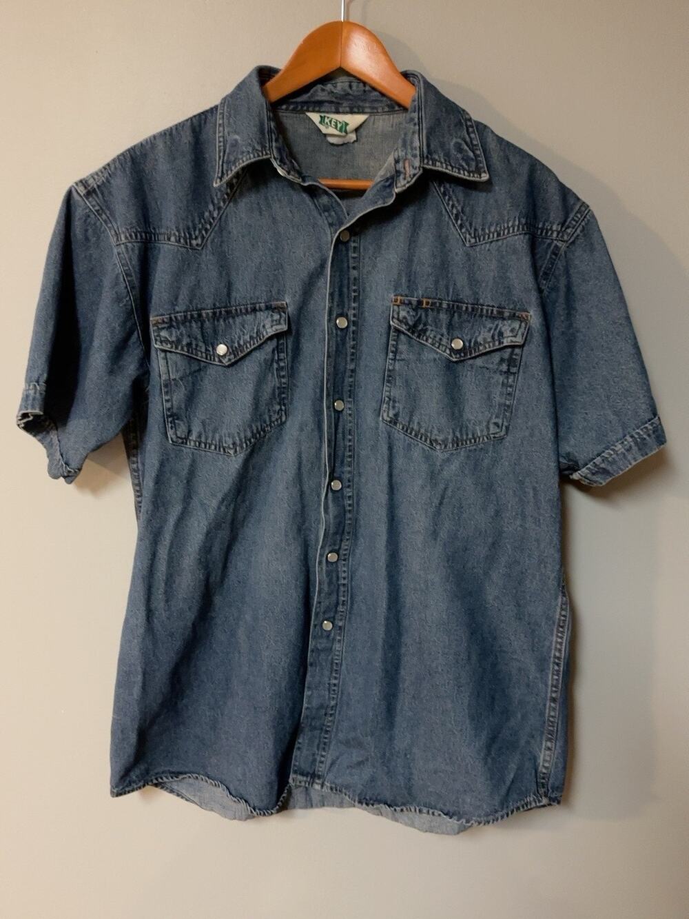 Vintage KEY Denim Western Shirt Mens XL Blue Pearl Snap Short Sleeve Cowboy